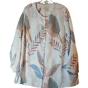 Vintage Cynthia Rowley Linen Tropical Floral Print Button Front Tunic Top 2X